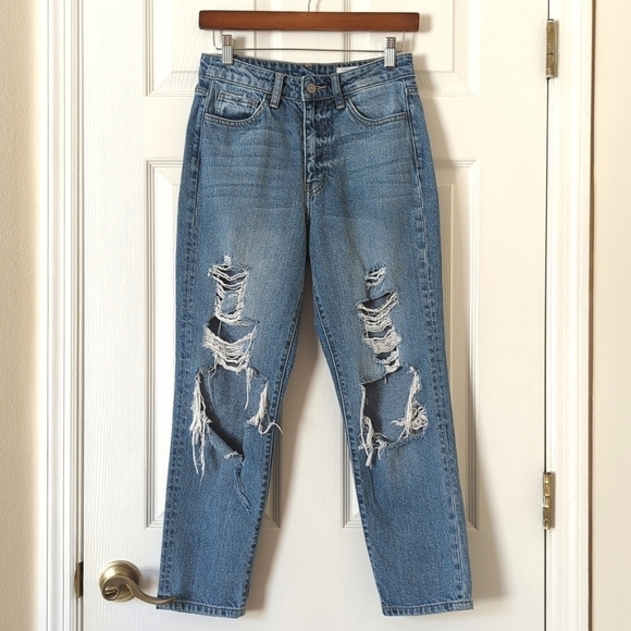 Buckle Bridge by Gly High Rise Distressed Medium Wash Tapered Leg Mom Jeans 26 - Picture 1 of 15